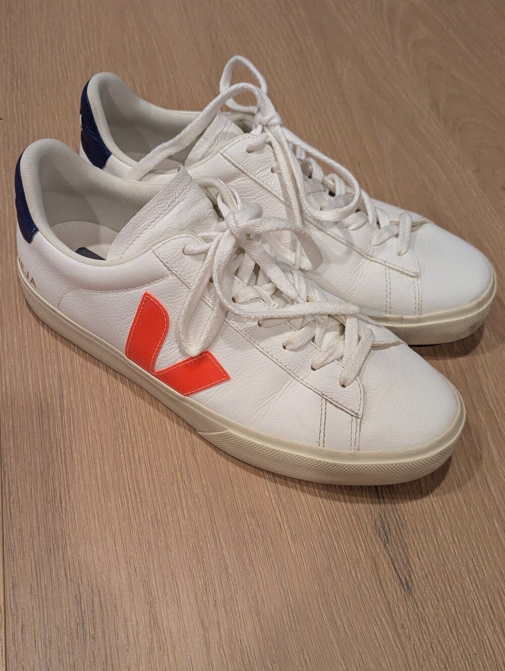 Veja Men's White Leather Sneakers with Orange Logo and Navy Heel